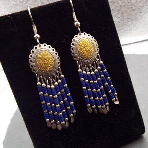 SOUTHWEST STYLE LAPIS HEISHI & GOLDEN DRUZY OVER SILVERY LONG DRIPPY EARRINGS 67
